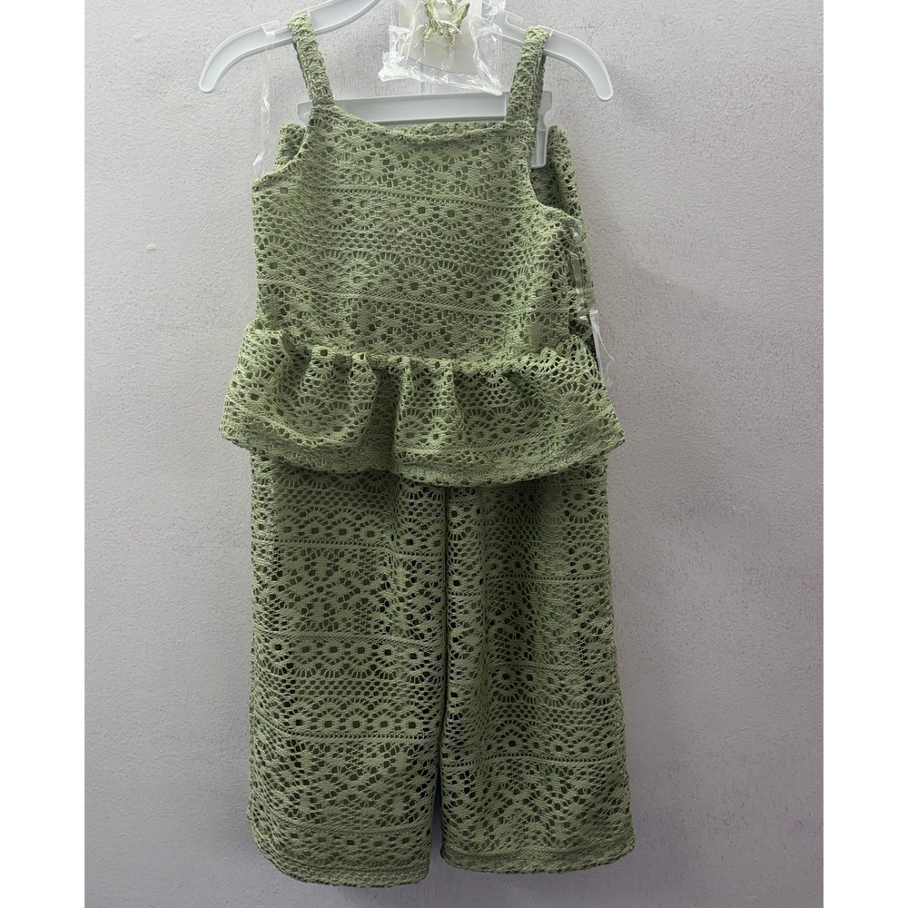 Btween Girls Sage Green Crochet Lace 2 Piece Set Peplum Top Wide Leg Pants Sz 4